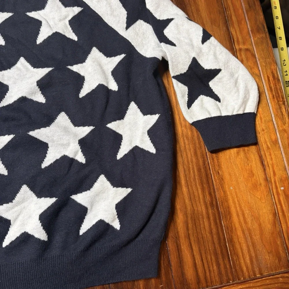 Minnie Rose Blue White Star Contrast Pullover Sweater Cashmere Blend Sz M A1827